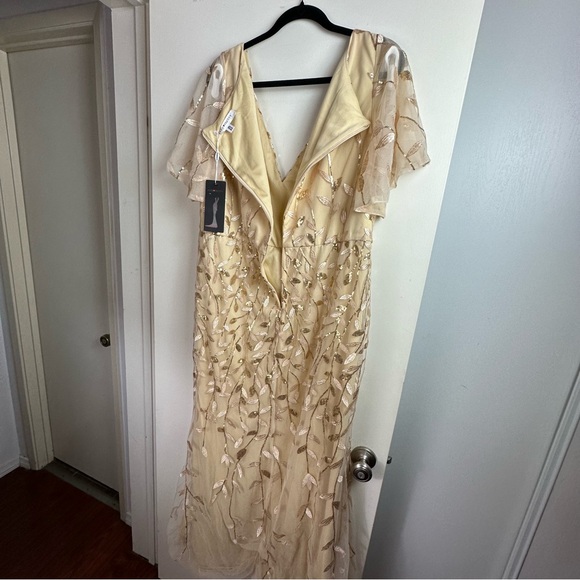 Ever Pretty Gold Shimmery Leaf Embroidered VNeck RuffleSleeves Maxi Dress NWT 2X - Picture 7 of 16